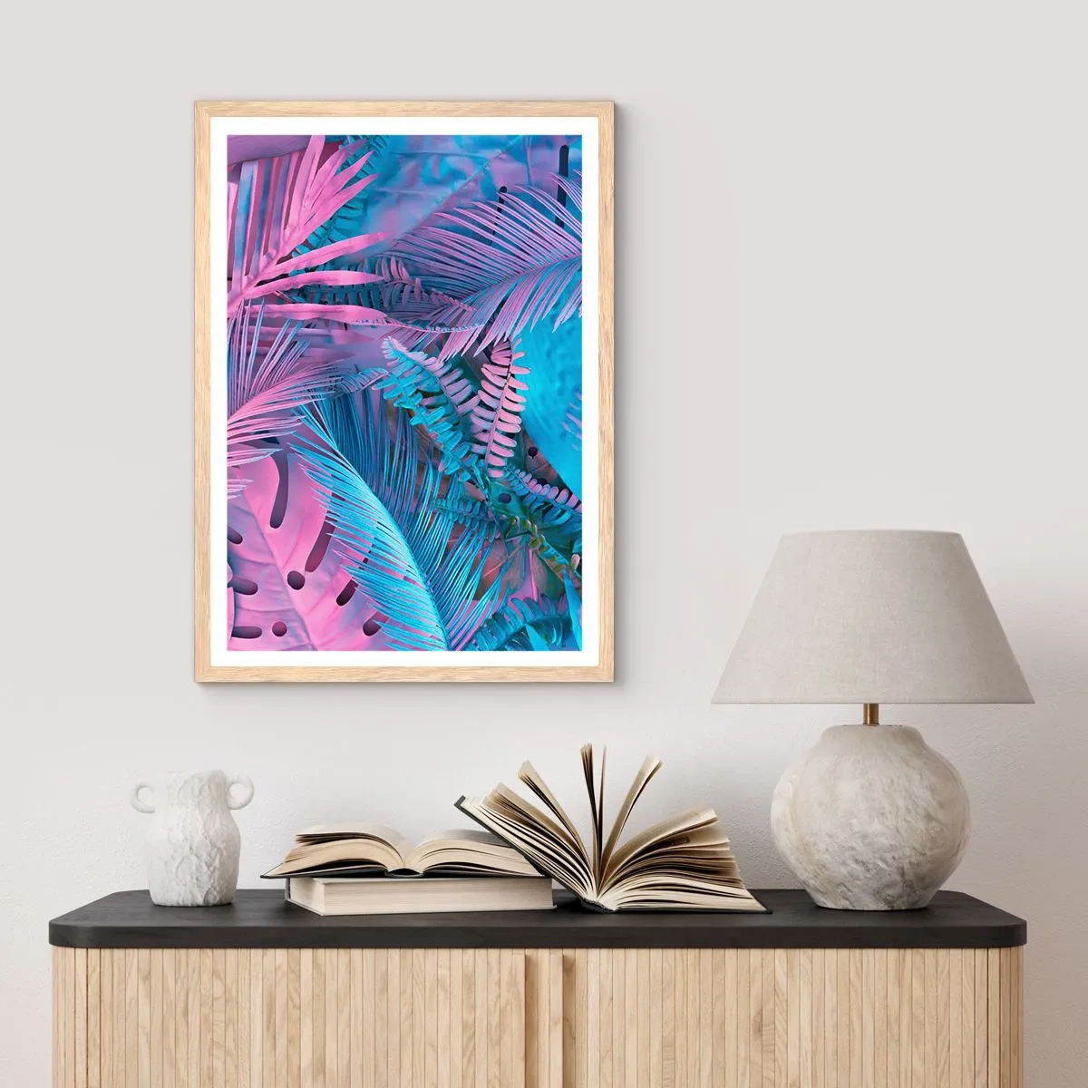 Poster in einem Rahmen aus heller Eiche - Tropen in Rosa und Blau - 30x40 cm