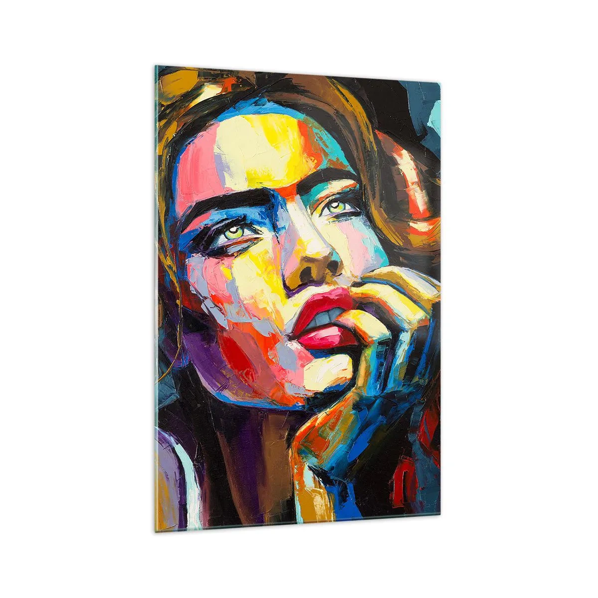 Glasbild - Bild auf glas - Farbenfrohes Frauenporträt im expressionistischen Stil - 70x100cm - Träume fliegen am Himmel wie Vögel - Moderne Wanddekoration für Wohnzimmer und Schlafzimmer ARTTOR