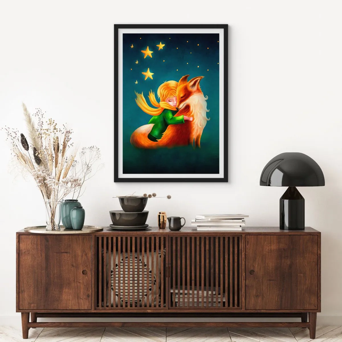 Poster in einem schwarzem Rahmen - Eine Figur mit einem Fuchs in einer zauberhaften Sternenkulisse - 50x70cm - Kleiner Prinz - Moderne Wanddekoration für Wohnzimmer und Schlafzimmer ARTTOR