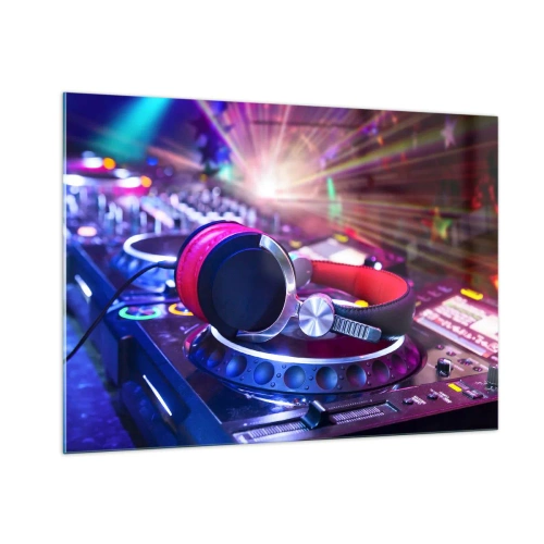 Glasbild - Bild auf glas - DJ-Equipment mit farbigen Lichtern und Kopfhörern - 100x70cm - Es wird, es wird passieren - Moderne Wanddekoration für Wohnzimmer und Schlafzimmer ARTTOR