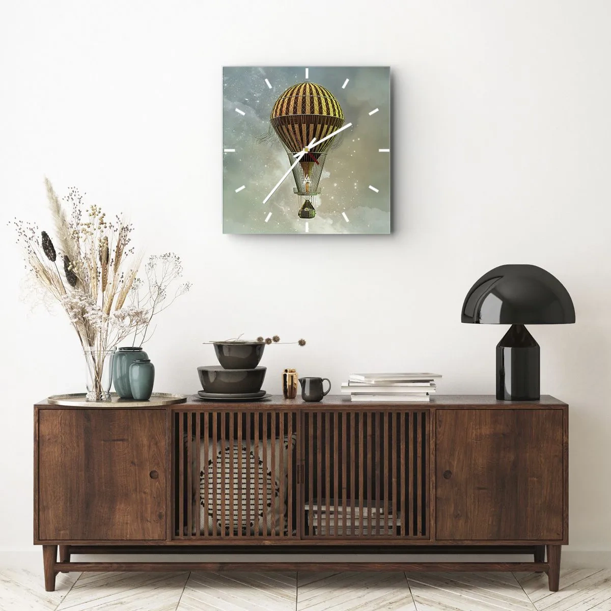 Wanduhr - Glasuhr - Ein Heißluftballon, der zwischen den Wolken schwebt - 30x30cm - Pionierflüge - Moderne Wanddekoration für Wohnzimmer und Schlafzimmer ARTTOR