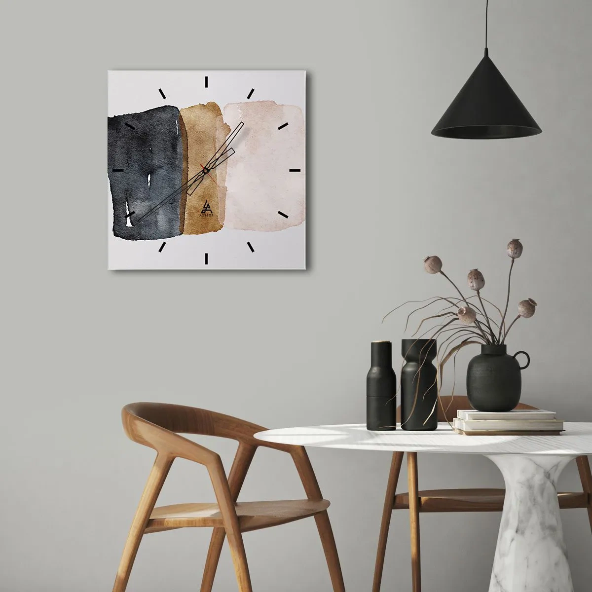 Wanduhr - Glasuhr - Eine minimalistische Komposition aus drei Rechtecken in Erdtönen. - 30x30cm - Die Komposition der Farben der Erde - Moderne Wanddekoration für Wohnzimmer und Schlafzimmer ARTTOR