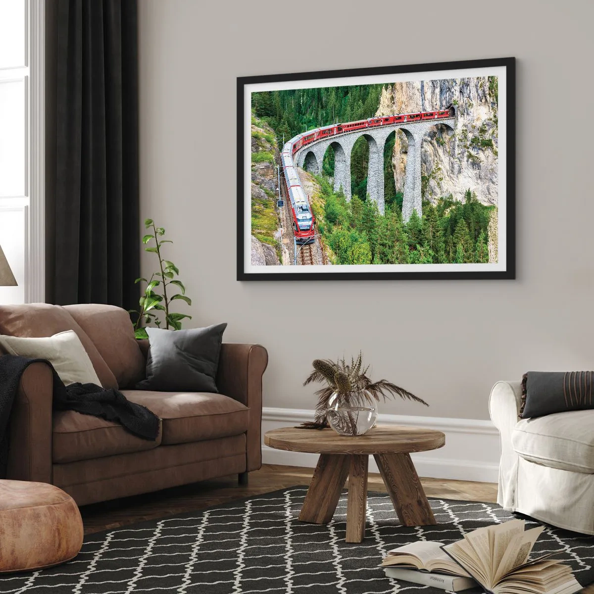Poster in einem schwarzem Rahmen - Eisenbahn für Bergblick - 40x30 cm
