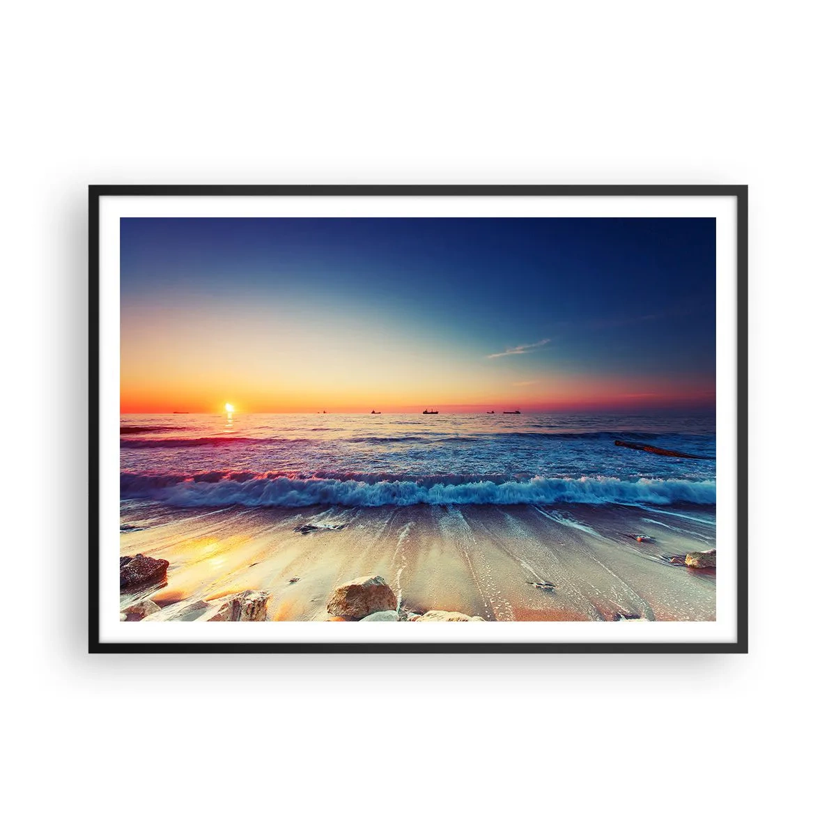 Poster in einem schwarzem Rahmen - Sonnenuntergang über einem ruhigen Meer mit Wellen - 100x70cm - Was ist mit dem Horizont? - Moderne Wanddekoration für Wohnzimmer und Schlafzimmer ARTTOR