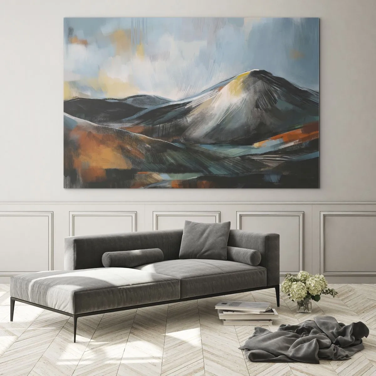 Glasbild - Bild auf glas - Eine malerische Berglandschaft in warmen und kühlen Farben - 100x70cm - Roh und schön - Moderne Wanddekoration für Wohnzimmer und Schlafzimmer ARTTOR