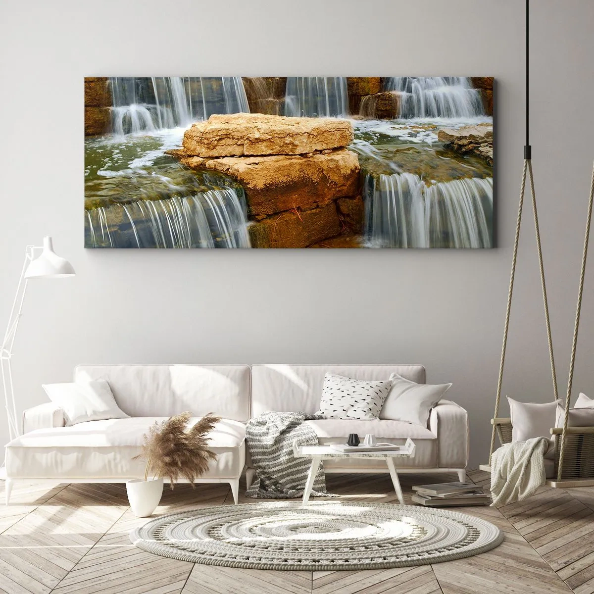 Bild auf Leinwand - Leinwandbild - Ein Wasserfall, der Steinstufen hinunterfließt - 120x50cm - Treppe zum Himmel - Moderne Wanddekoration für Wohnzimmer und Schlafzimmer ARTTOR