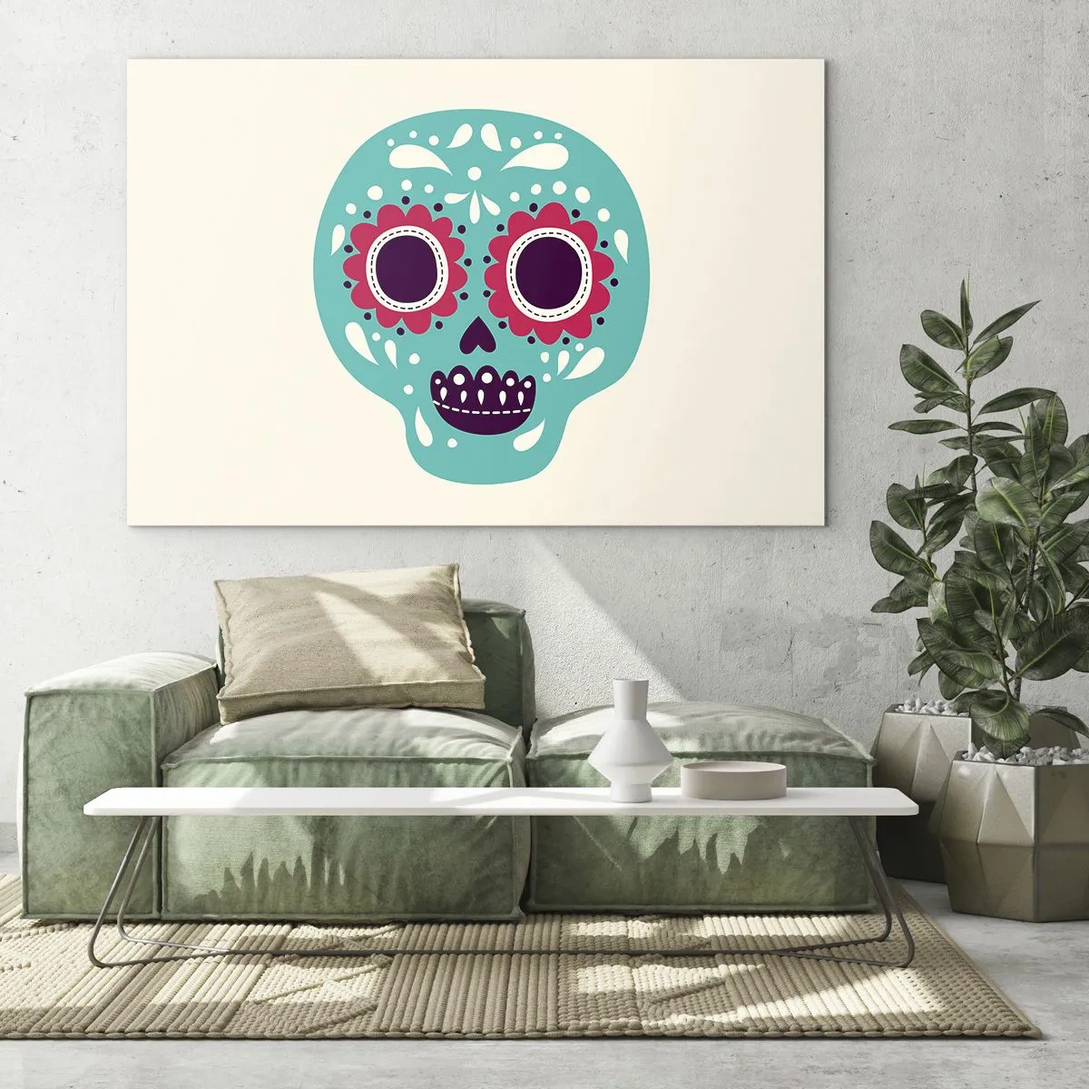 Glasbild - Bild auf glas - Ein bunter Totenkopf mit Mustern auf hellem Hintergrund - 70x50cm - Das Leben – Spaß bis zum Tod - Moderne Wanddekoration für Wohnzimmer und Schlafzimmer ARTTOR