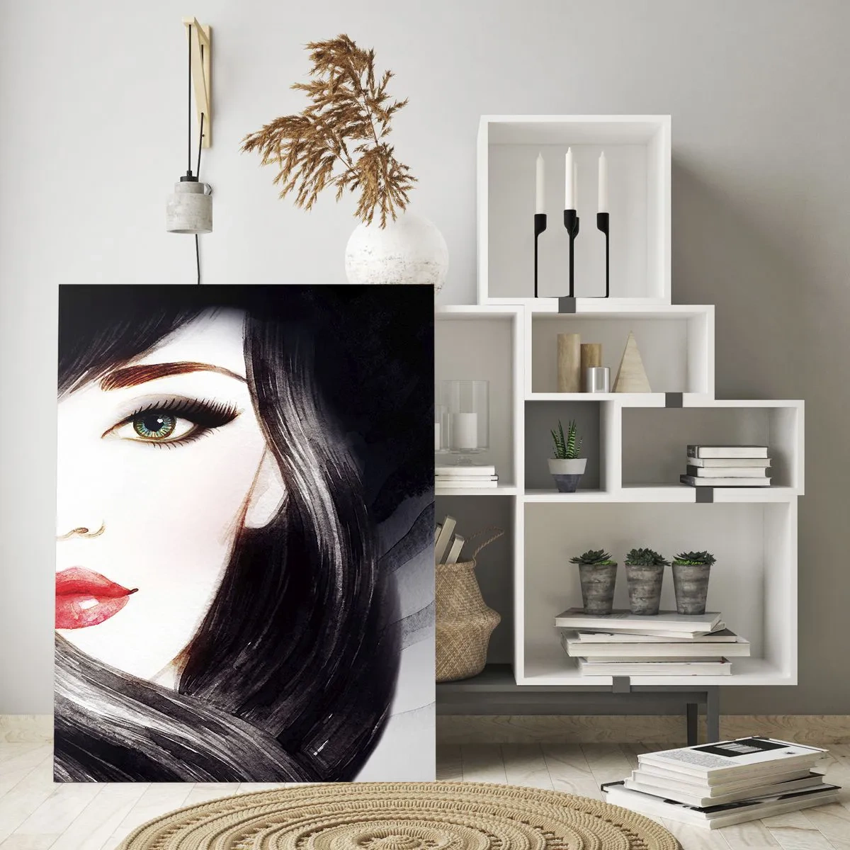 Glasbild - Bild auf glas - Porträt einer Frau mit schwarzen Haaren und ausdrucksstarken roten Lippen - 50x70cm - Saphir-Optik - Moderne Wanddekoration für Wohnzimmer und Schlafzimmer ARTTOR