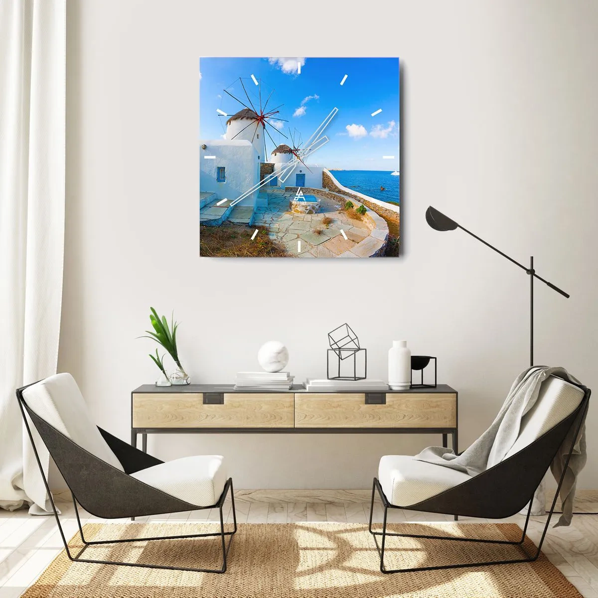 Wanduhr - Glasuhr - Weiße Windmühlen an den Ufern des blauen Meeres - 30x30cm - Der blaue Wind vom Meer - Moderne Wanddekoration für Wohnzimmer und Schlafzimmer ARTTOR