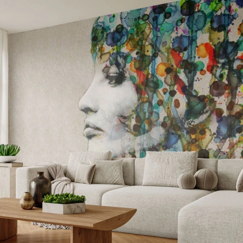 Fototapete Standard Eco - Sie tauchte aus dem Grau auf - Das Gesicht einer Frau, Abstraktion, Grafik - 200x140 cm