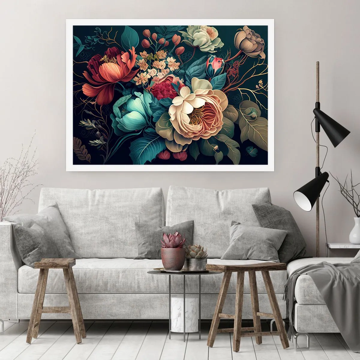 Poster - Eine farbenfrohe Blumenkomposition auf dunklem Hintergrund - 100x70cm - Charme des 19. Jahrhunderts - Moderne Wanddekoration für Wohnzimmer und Schlafzimmer ARTTOR