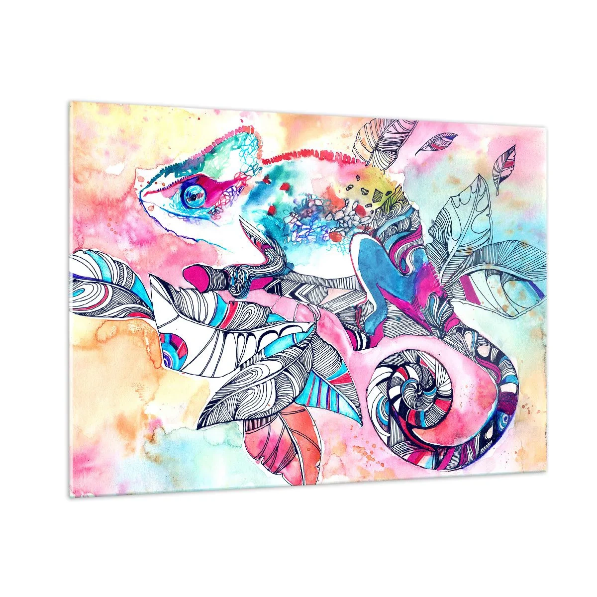 Glasbild - Bild auf glas - Buntes Chamäleon zwischen Blättern im Aquarellstil - 100x70cm - So bunt wie unsere Welt - Moderne Wanddekoration für Wohnzimmer und Schlafzimmer ARTTOR