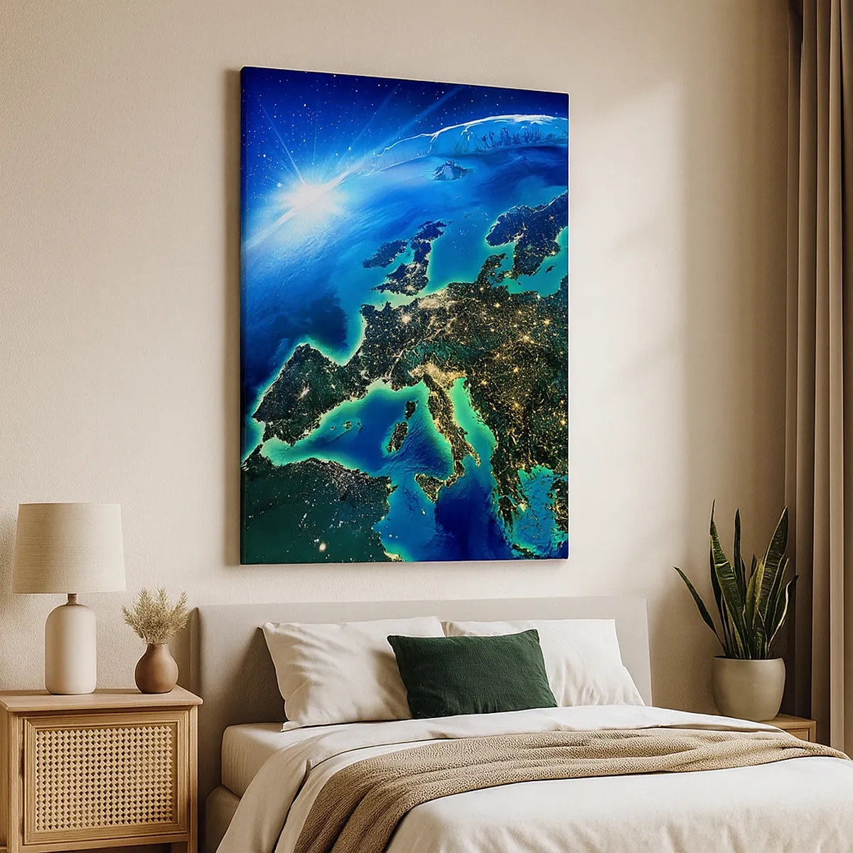 Bild auf Leinwand - Leinwandbild - Ein Blick auf Europa aus dem Weltraum im Schein der aufgehenden Sonne. - 50x70cm - Funkelndes Europa - Moderne Wanddekoration für Wohnzimmer und Schlafzimmer ARTTOR