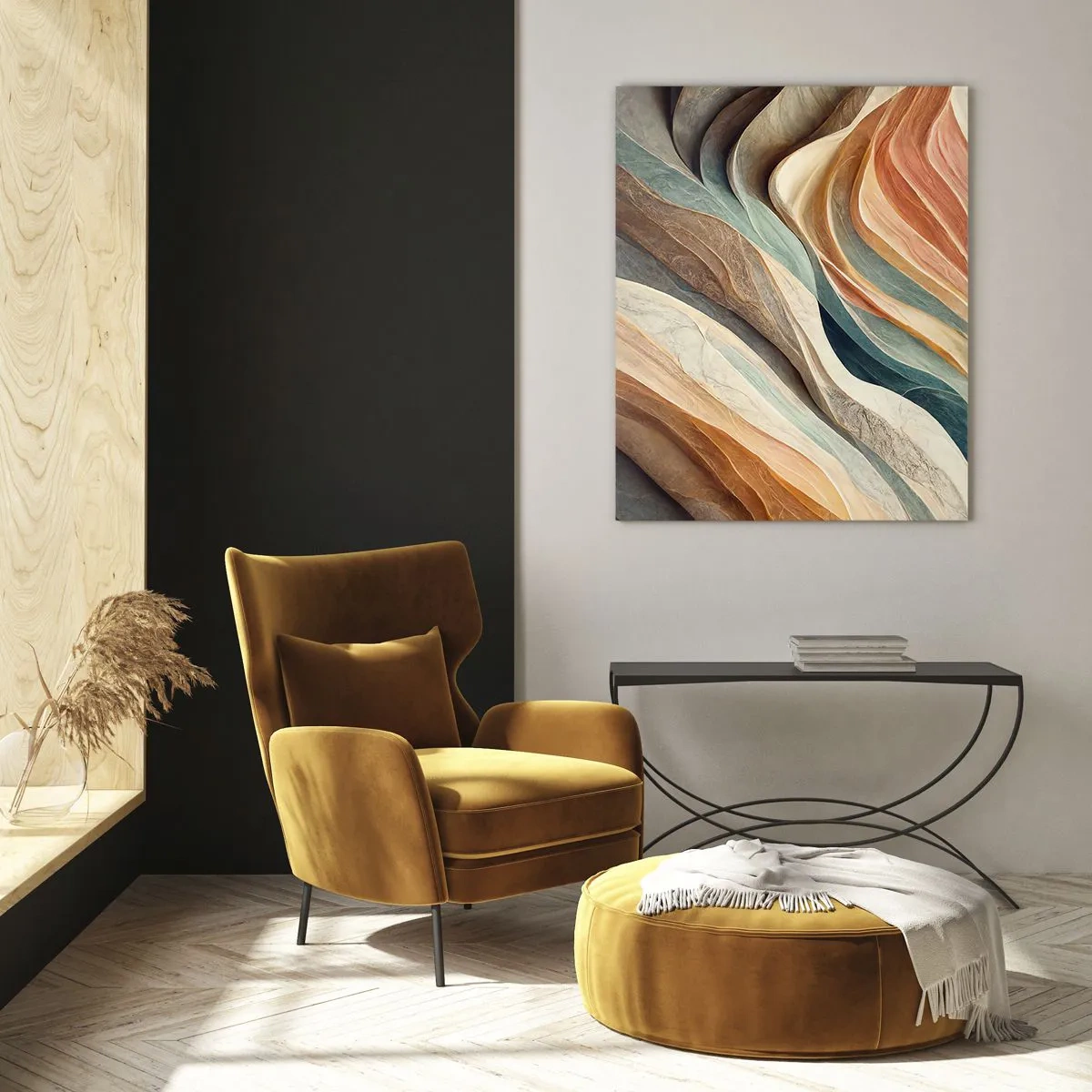 Glasbild - Bild auf glas - Bunte Schichten, die an Fels- und Sandfalten erinnern - 50x70cm - Moment vor der Veränderung - Moderne Wanddekoration für Wohnzimmer und Schlafzimmer ARTTOR