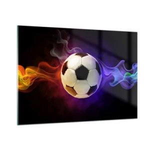 Glasbild - Bild auf glas - Ein Fußball, umgeben von bunten Streifen - 100x70cm - Die magische Kraft des Spiels - Moderne Wanddekoration für Wohnzimmer und Schlafzimmer ARTTOR