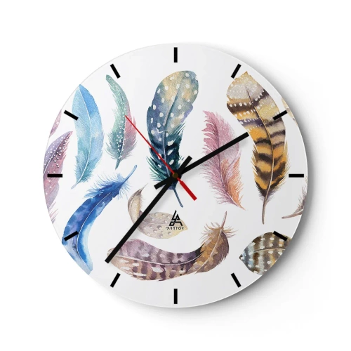 Wanduhr - Glasuhr - Bunte Federn im Aquarellstil - 30x30cm - Hell, bunt und bunt - Moderne Wanddekoration für Wohnzimmer, Küche und Schlafzimmer ARTTOR