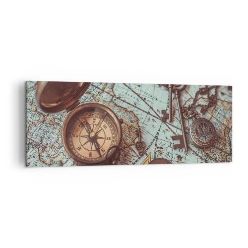 Bild auf Leinwand - Leinwandbild - Komposition mit Kompass, Schlüsseln und einer alten Karte im Retro-Stil - 140x50cm - Für den Abenteurer - Moderne Wanddekoration für Wohnzimmer und Schlafzimmer ARTTOR