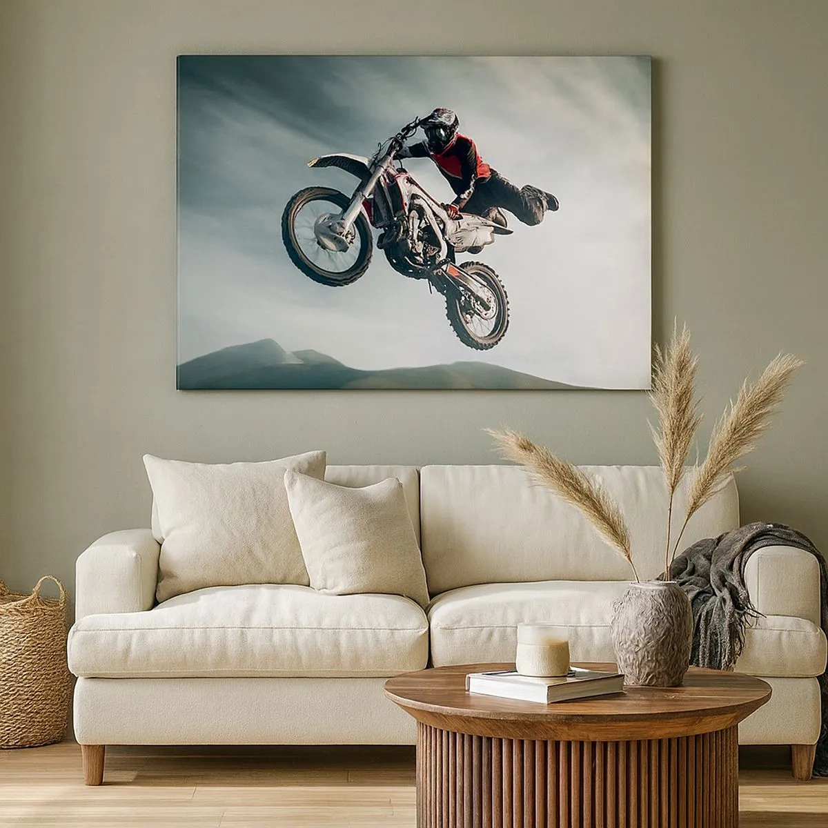 Bild auf Leinwand - Leinwandbild - Motorradfahrer in der Luft bei einem Sprung - 70x50cm - Kein Spaß ohne Risiko - Moderne Wanddekoration für Wohnzimmer und Schlafzimmer ARTTOR