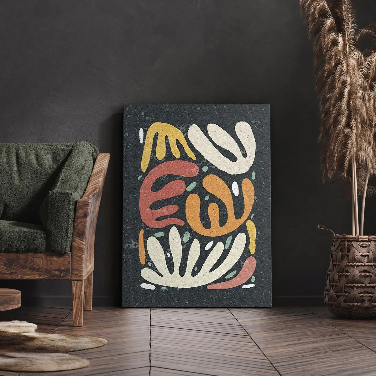 Bild auf Leinwand - Leinwandbild - Abstrakte Formen in warmen Farben auf dunklem Hintergrund - 50x70cm - Komposition – Ich erwische dich gleich - Moderne Wanddekoration für Wohnzimmer und Schlafzimmer ARTTOR