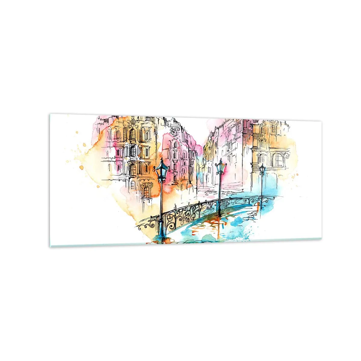 Glasbild - Bild auf glas - Aquarell einer Brücke und herzförmigen Mietshäusern - 120x50cm - Das Herz der Stadt - Moderne Wanddekoration für Wohnzimmer und Schlafzimmer ARTTOR