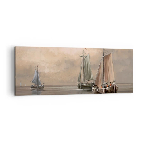 Bild auf Leinwand - Leinwandbild - Segelboote auf ruhigem Meer in pastellfarbener Umgebung - 140x50cm - Die Rückkehr der Matrosen - Moderne Wanddekoration für Wohnzimmer und Schlafzimmer ARTTOR