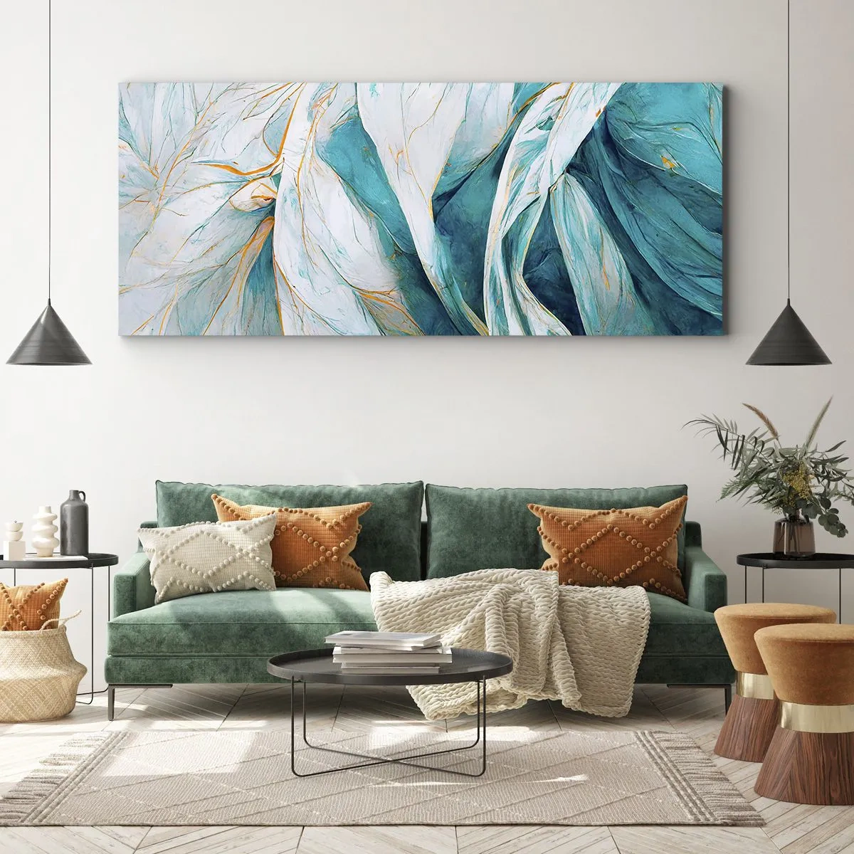 Bild auf Leinwand - Leinwandbild - Abstrakte blaue Blätter mit goldenen Details - 120x50cm - Blaue Abstraktion mit goldenem Motiv - Moderne Wanddekoration für Wohnzimmer und Schlafzimmer ARTTOR