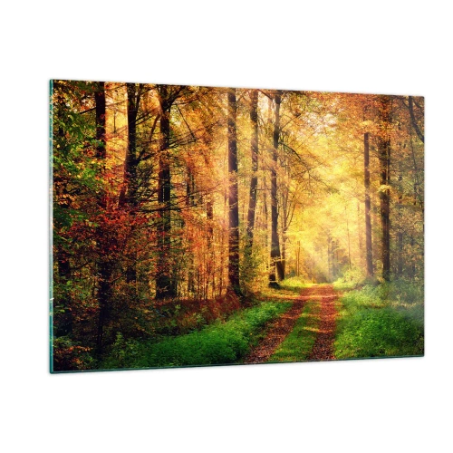 Glasbild - Bild auf glas - Herbstpfad im Wald mit Sonnenstrahlen - 120x80cm - Waldgoldene Stille - Moderne Wanddekoration für Wohnzimmer und Schlafzimmer ARTTOR