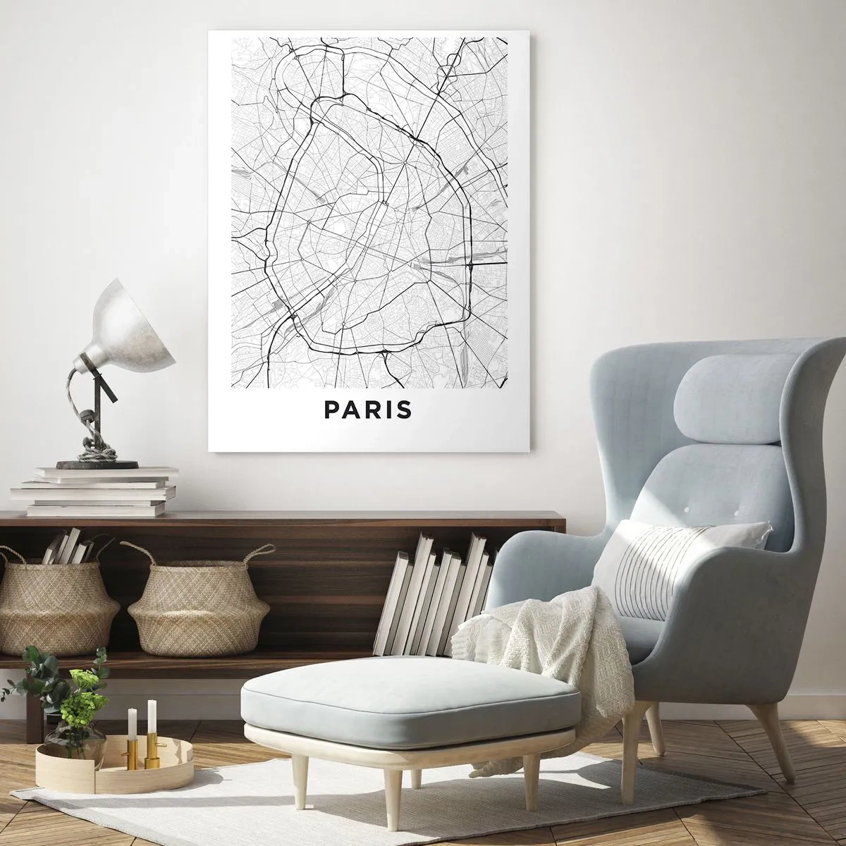 Glasbild - Bild auf glas - Schwarz-weißer Stadtplan mit Straßenraster und Ringstraßen - 50x70cm - Pariser Blume - Moderne Wanddekoration für Wohnzimmer und Schlafzimmer ARTTOR