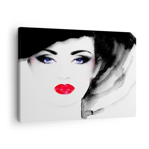 Bild auf Leinwand - Leinwandbild - Porträt einer Frau mit roten Lippen und intensiven blauen Augen - 70x50cm - Er drückt zurück und ruft an - Moderne Wanddekoration für Wohnzimmer und Schlafzimmer ARTTOR