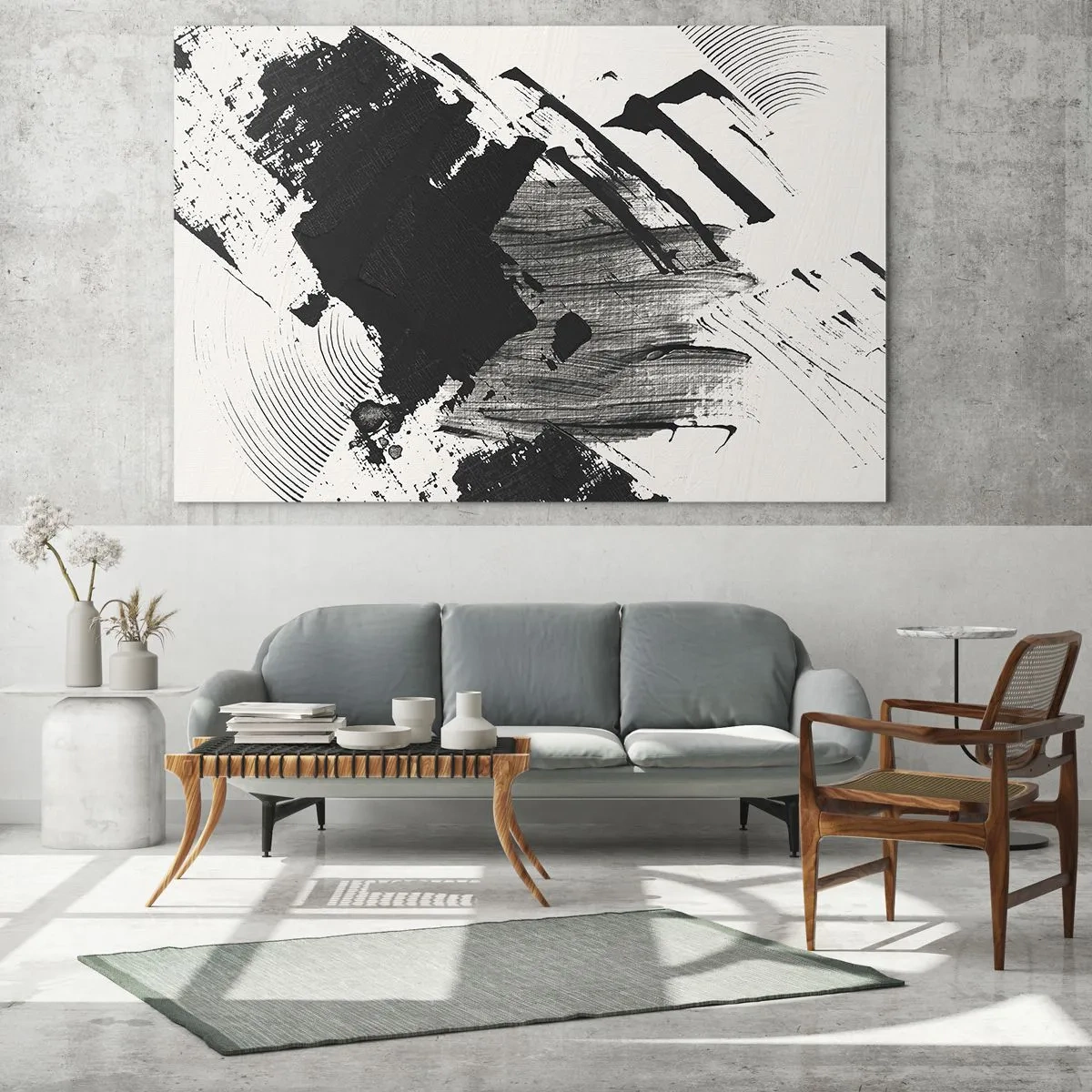 Glasbild - Bild auf glas - Ausdrucksstarke Abstraktion in Schwarzweiß mit dynamischen Strichen. - 70x50cm - Abstraktion – Ausdruck von Schwarz - Moderne Wanddekoration für Wohnzimmer und Schlafzimmer ARTTOR