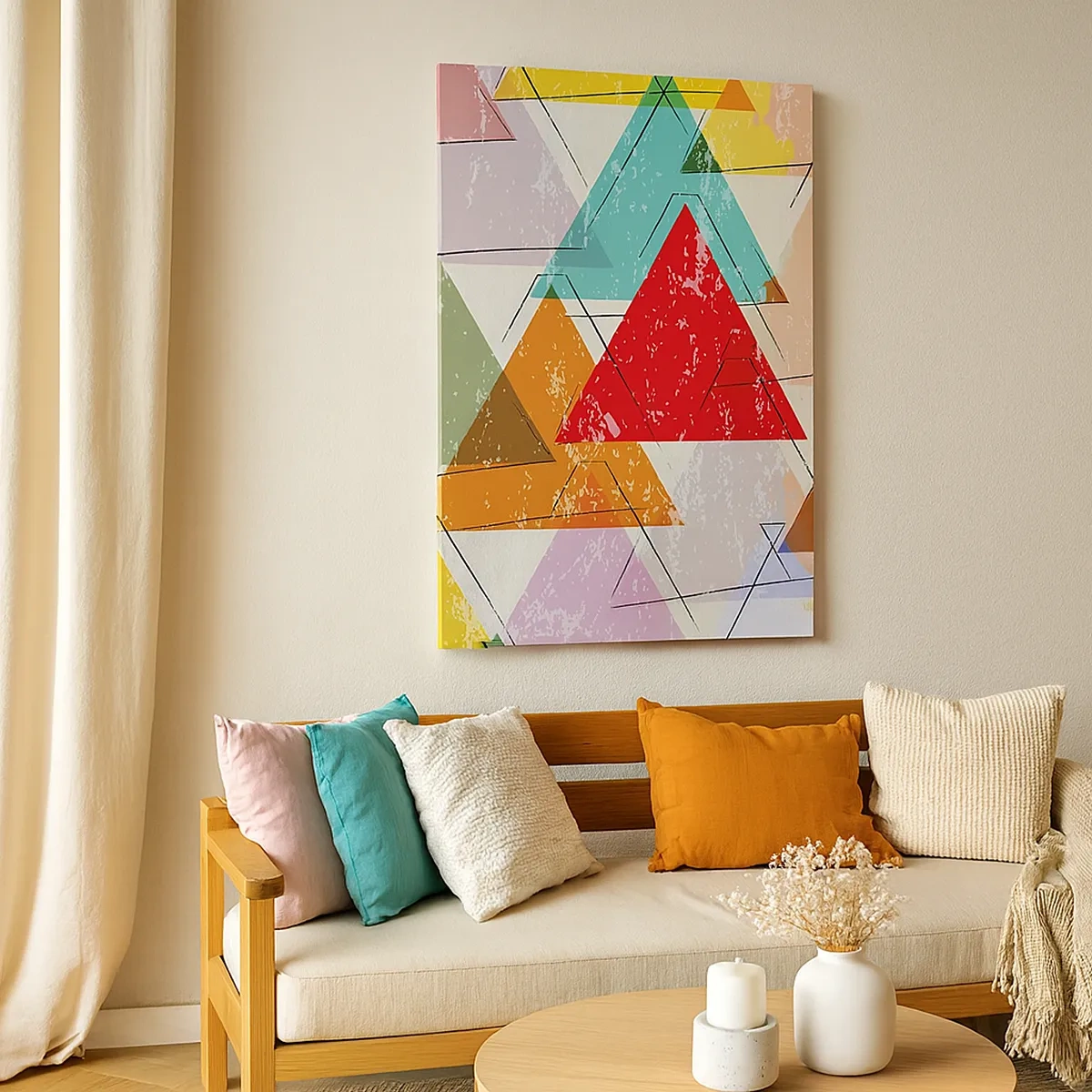 Bild auf Leinwand - Leinwandbild - Bunte Abstraktion mit geometrischen Dreiecken - 50x70cm - Drei mal drei - Moderne Wanddekoration für Wohnzimmer und Schlafzimmer ARTTOR