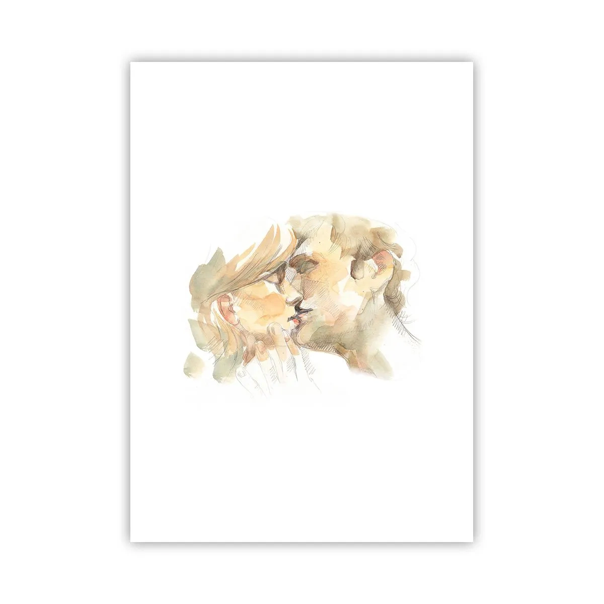Poster - Ein zartes Aquarellporträt eines Paares bei einem zärtlichen Kuss. - 50x70cm - Hälfte gefunden? - Moderne Wanddekoration für Wohnzimmer und Schlafzimmer ARTTOR