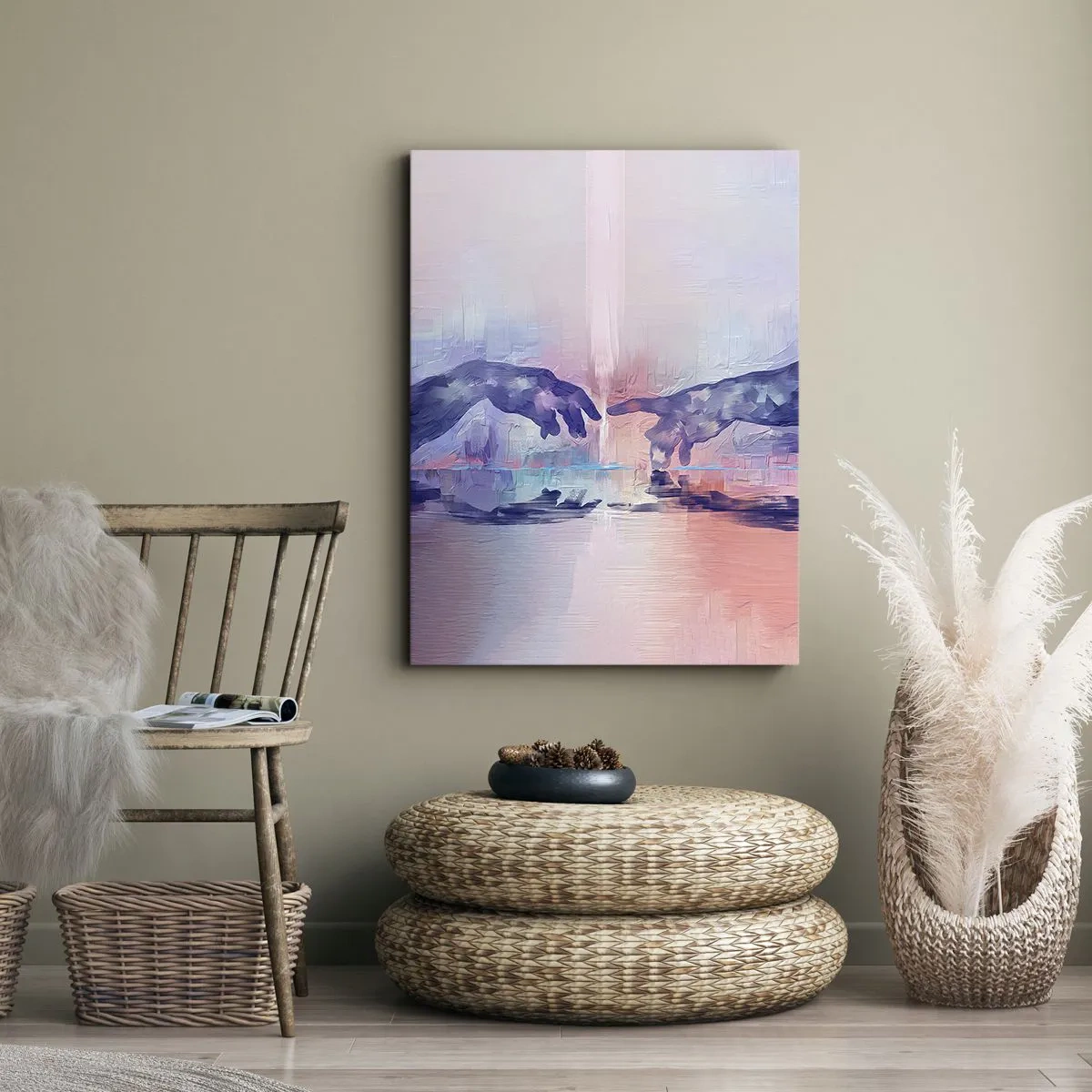 Bild auf Leinwand - Leinwandbild - Symbolische Hände in abstrakten Farben, die auf das Thema der Schöpfung verweisen - 50x70cm - Göttlicher Funke des Lebens - Moderne Wanddekoration für Wohnzimmer und Schlafzimmer ARTTOR