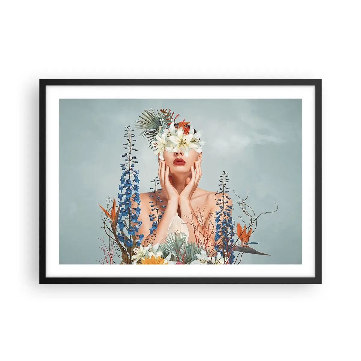 Poster in einem schwarzem Rahmen - Frauenporträt mit floralem Motiv vor blauem Hintergrund - 70x50cm - Frau - Blume - Moderne Wanddekoration für Wohnzimmer und Schlafzimmer ARTTOR