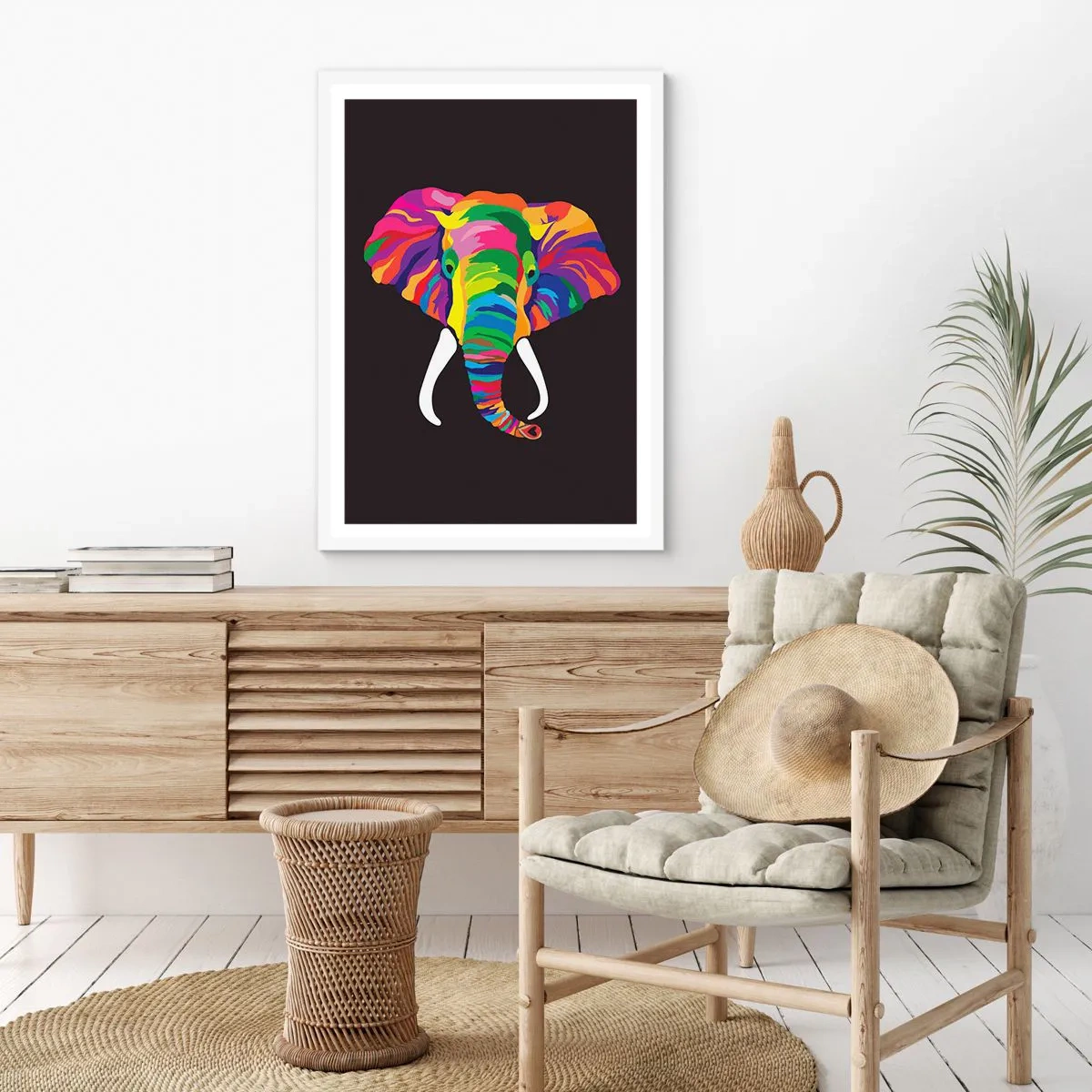 Poster in einem weißen Rahmen - Der Elefant, der es liebte, im Regenbogen zu baden - 50x70 cm