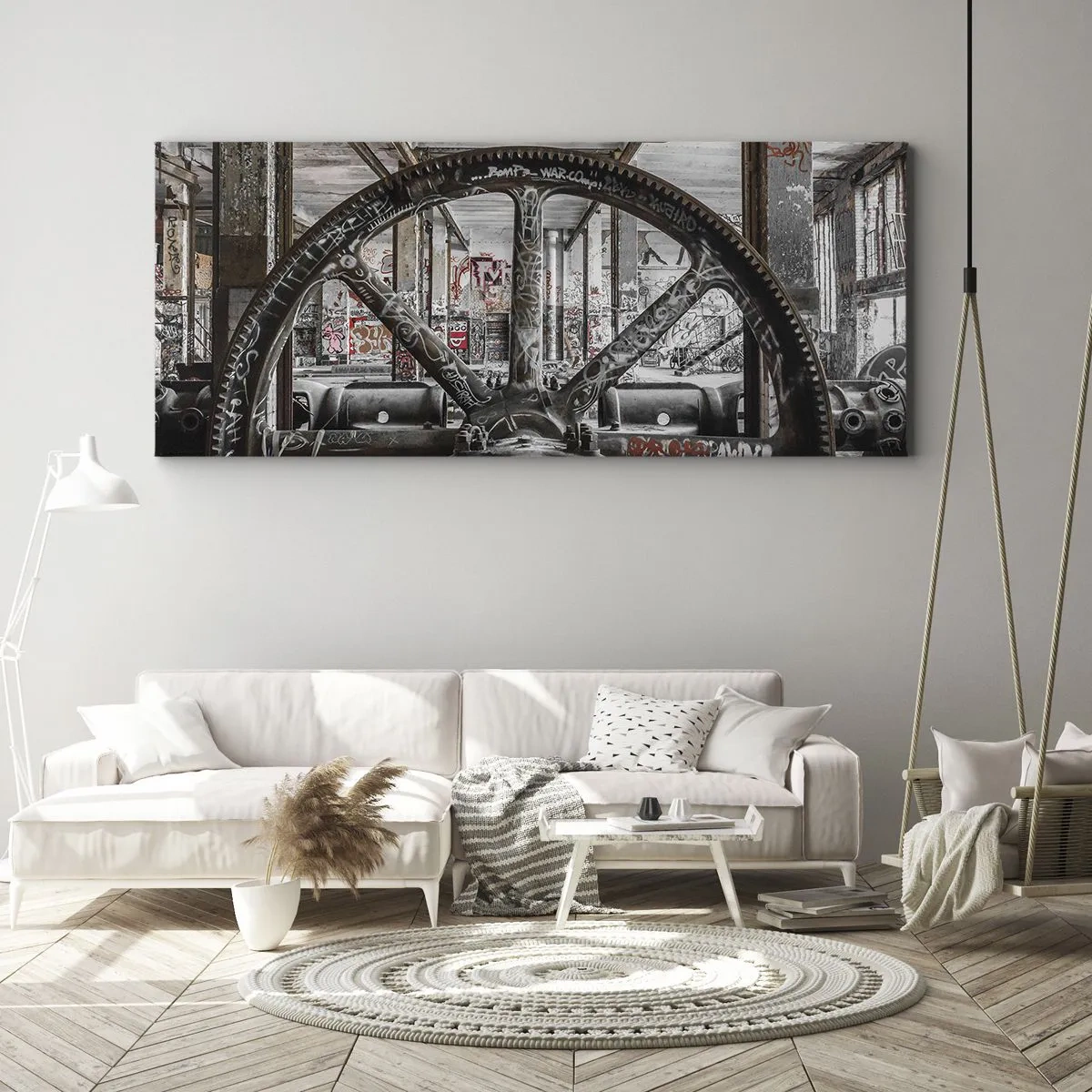 Bild auf Leinwand - Leinwandbild - Ein alter Mechanismus in einem verlassenen Industriegebäude - 140x50cm - Das geheime Leben der Fabrik - Moderne Wanddekoration für Wohnzimmer und Schlafzimmer ARTTOR