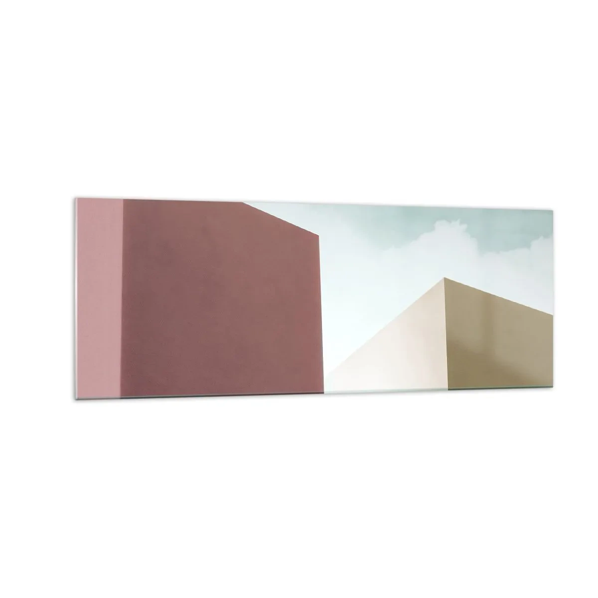 Glasbild - Bild auf glas - Minimalistische Architektur mit pastellfarbenen Blöcken und Himmel - 140x50cm - Geometrie des sonnigen Sommers - Moderne Wanddekoration für Wohnzimmer und Schlafzimmer ARTTOR