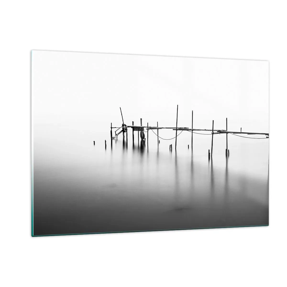 Glasbild - Bild auf glas - Ein schwarz-weißer Steg auf einer ruhigen Wasseroberfläche - 120x80cm - Was ist, wenn es keine Welt gibt? - Moderne Wanddekoration für Wohnzimmer und Schlafzimmer ARTTOR