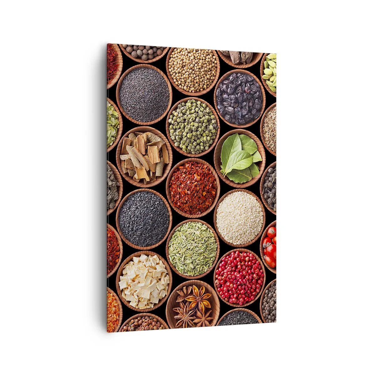 Bild auf Leinwand - Leinwandbild - Bunte Gewürze in runden Behältern - 80x120cm - Alle Aromen der Welt - Moderne Wanddekoration für Wohnzimmer und Schlafzimmer ARTTOR
