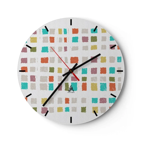 Wanduhr - Glasuhr - Bunte Quadrate auf weißem Hintergrund im abstrakten Stil - 30x30cm - Unbekanntes Spiel - Moderne Wanddekoration für Wohnzimmer, Küche und Schlafzimmer ARTTOR