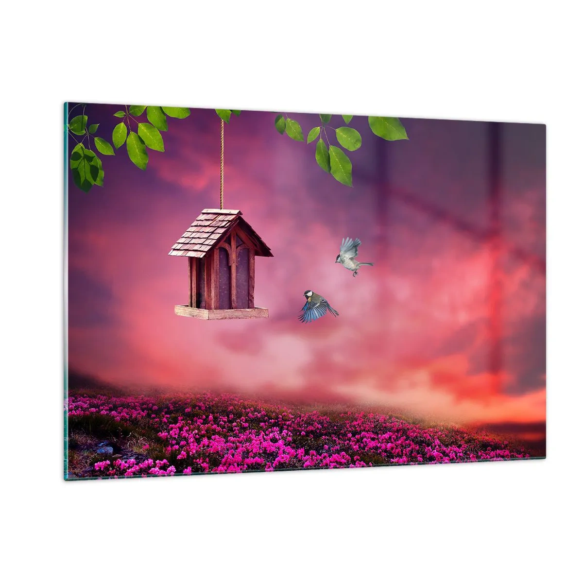 Glasbild - Bild auf glas - Ein Vogelhäuschen vor einem rosa Himmel - 120x80cm - Einladung zum Abendessen - Moderne Wanddekoration für Wohnzimmer und Schlafzimmer ARTTOR