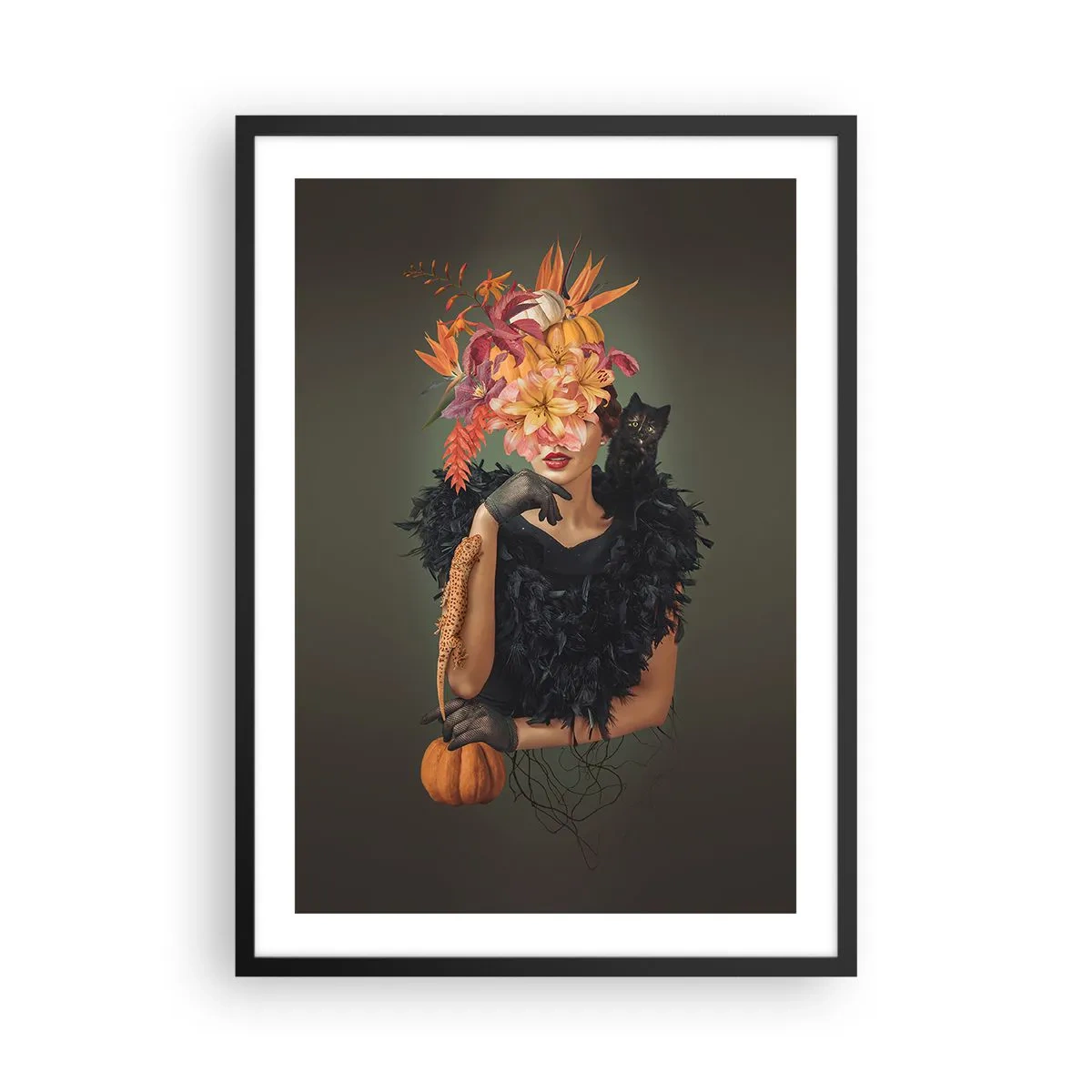 Poster in einem schwarzem Rahmen - Künstlerisches Porträt einer Frau mit Blumen, einem Kürbis und einer schwarzen Katze. - 50x70cm - Der Zauber einer Hexe - Moderne Wanddekoration für Wohnzimmer und Schlafzimmer ARTTOR
