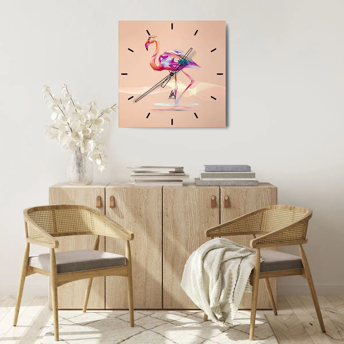 Wanduhr - Glasuhr - Ein abstrakter Flamingo in hellen Pastellfarben. - 30x30cm - Der Vogel der guten Gefühle - Moderne Wanddekoration für Wohnzimmer und Schlafzimmer ARTTOR
