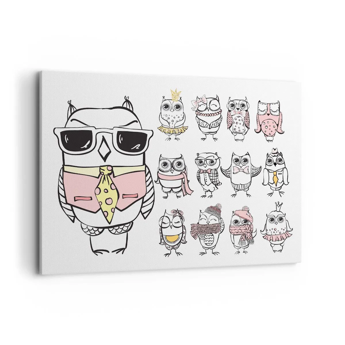 Bild auf Leinwand - Leinwandbild - Eulen in verschiedenen Stilen und Kleidern - 120x80cm - So viele Rollen zu spielen - Moderne Wanddekoration für Wohnzimmer und Schlafzimmer ARTTOR