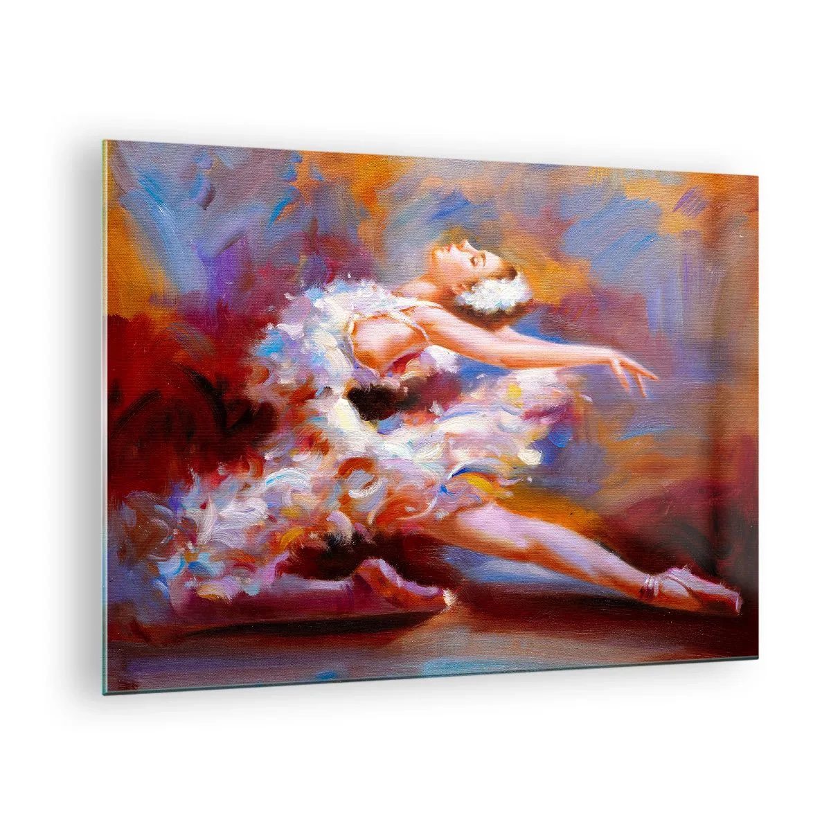 Glasbild - Bild auf glas - Eine Ballerina in einer dynamischen Pose vor einem Hintergrund aus abstrakten Farben. - 70x50cm - Schwan Gnade - Moderne Wanddekoration für Wohnzimmer und Schlafzimmer ARTTOR