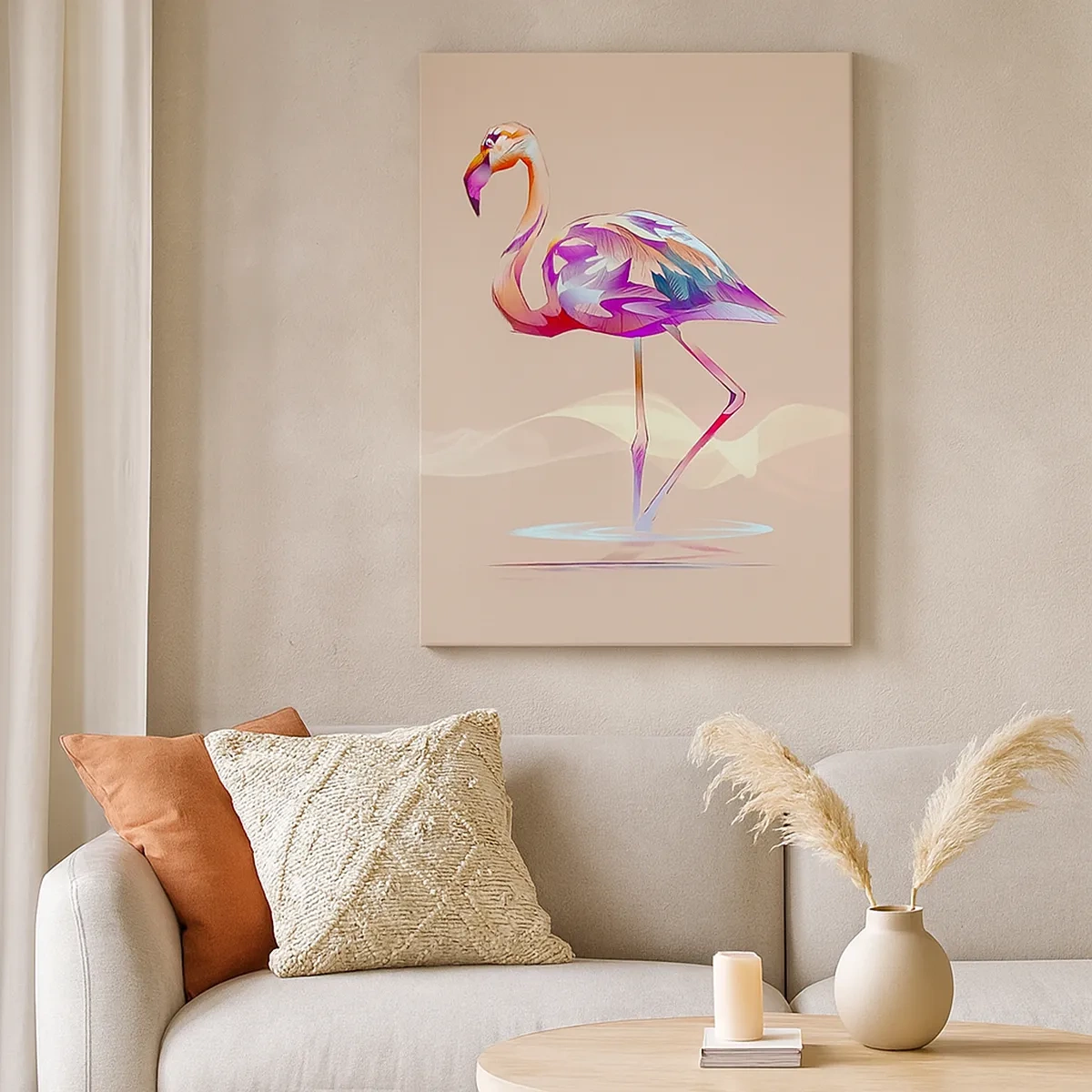 Bild auf Leinwand - Leinwandbild - Ein abstrakter Flamingo in hellen Pastellfarben. - 50x70cm - Der Vogel der guten Gefühle - Moderne Wanddekoration für Wohnzimmer und Schlafzimmer ARTTOR