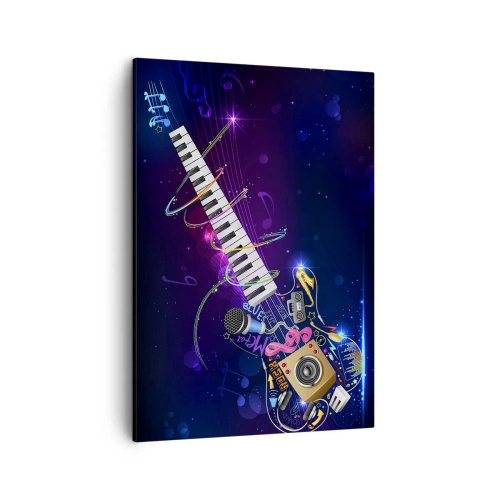 Bild auf Leinwand - Leinwandbild - Eine bunte Gitarre mit Keyboard und Mikrofon auf dunklem Hintergrund. - 50x70cm - Und alles ist gut - Moderne Wanddekoration für Wohnzimmer und Schlafzimmer ARTTOR