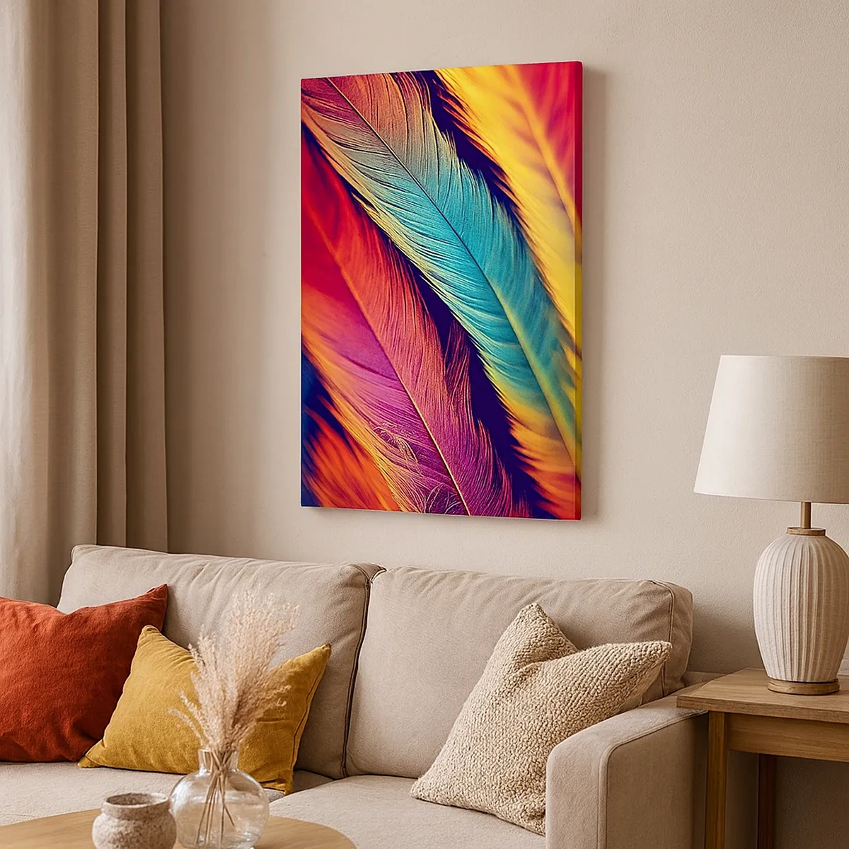 Bild auf Leinwand - Leinwandbild - Bunte Federn in intensiven Farben - 50x70cm - Gefiederter Regenbogen - Moderne Wanddekoration für Wohnzimmer und Schlafzimmer ARTTOR