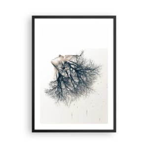 Poster in einem schwarzem Rahmen - Das Gesicht einer Frau mit Zweigen, die Haare in einem surrealen Stil bilden. - 50x70cm - Dem Rauschen der Bäume lauschen - Moderne Wanddekoration für Wohnzimmer und Schlafzimmer ARTTOR