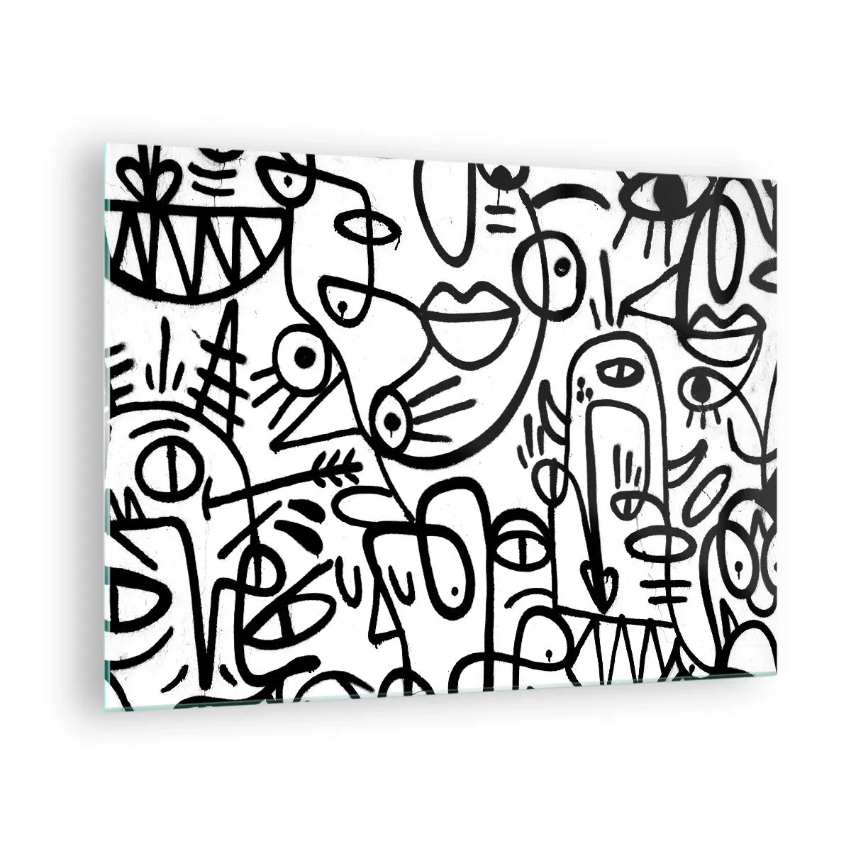 Glasbild - Bild auf glas - Schwarz-Weiß-Abstraktion mit Augen, Gesichtern und Linien - 70x50cm - Gesichter und Luftspiegelungen - Moderne Wanddekoration für Wohnzimmer und Schlafzimmer ARTTOR